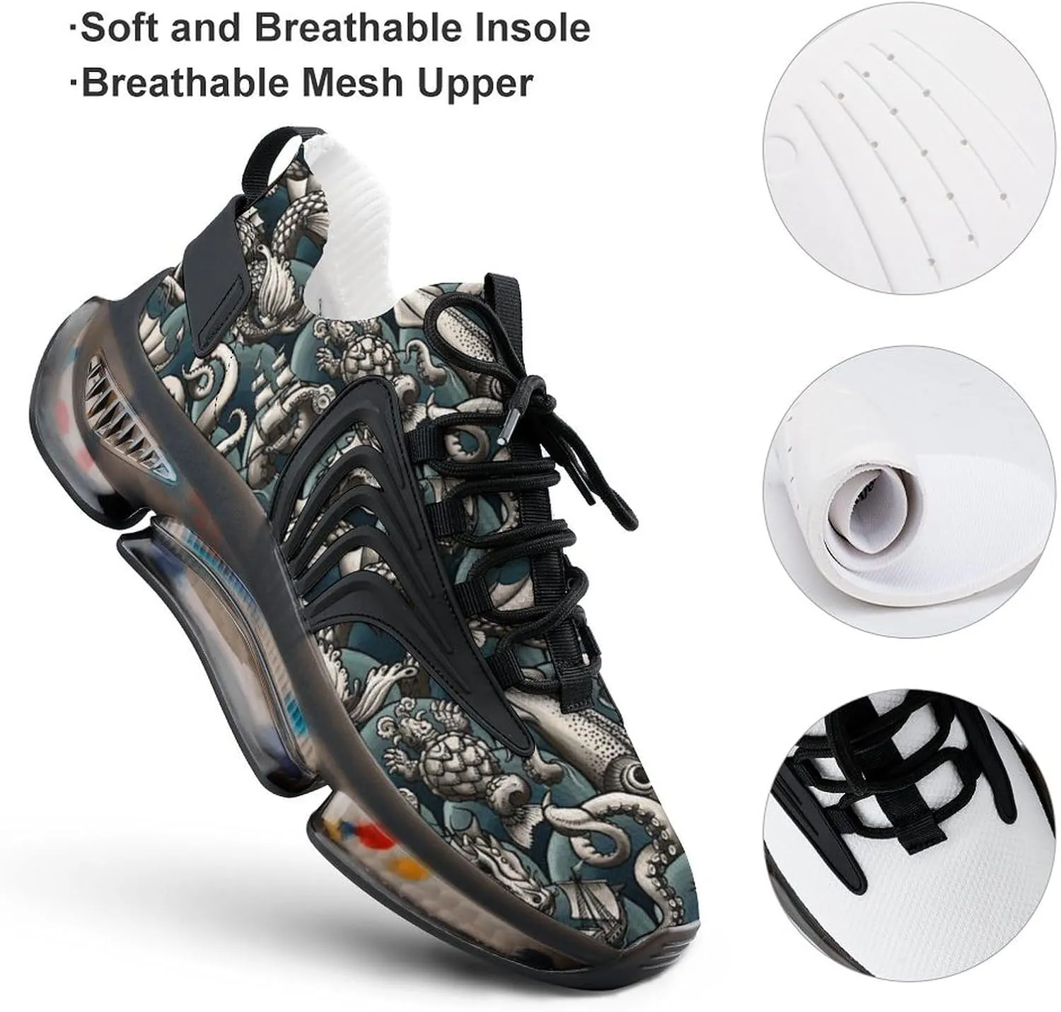 Sea Monsters Walking Shoes for Men Lightweight Tennis Fashion Elastic Sports Shoes Cushion Basketball Shoes