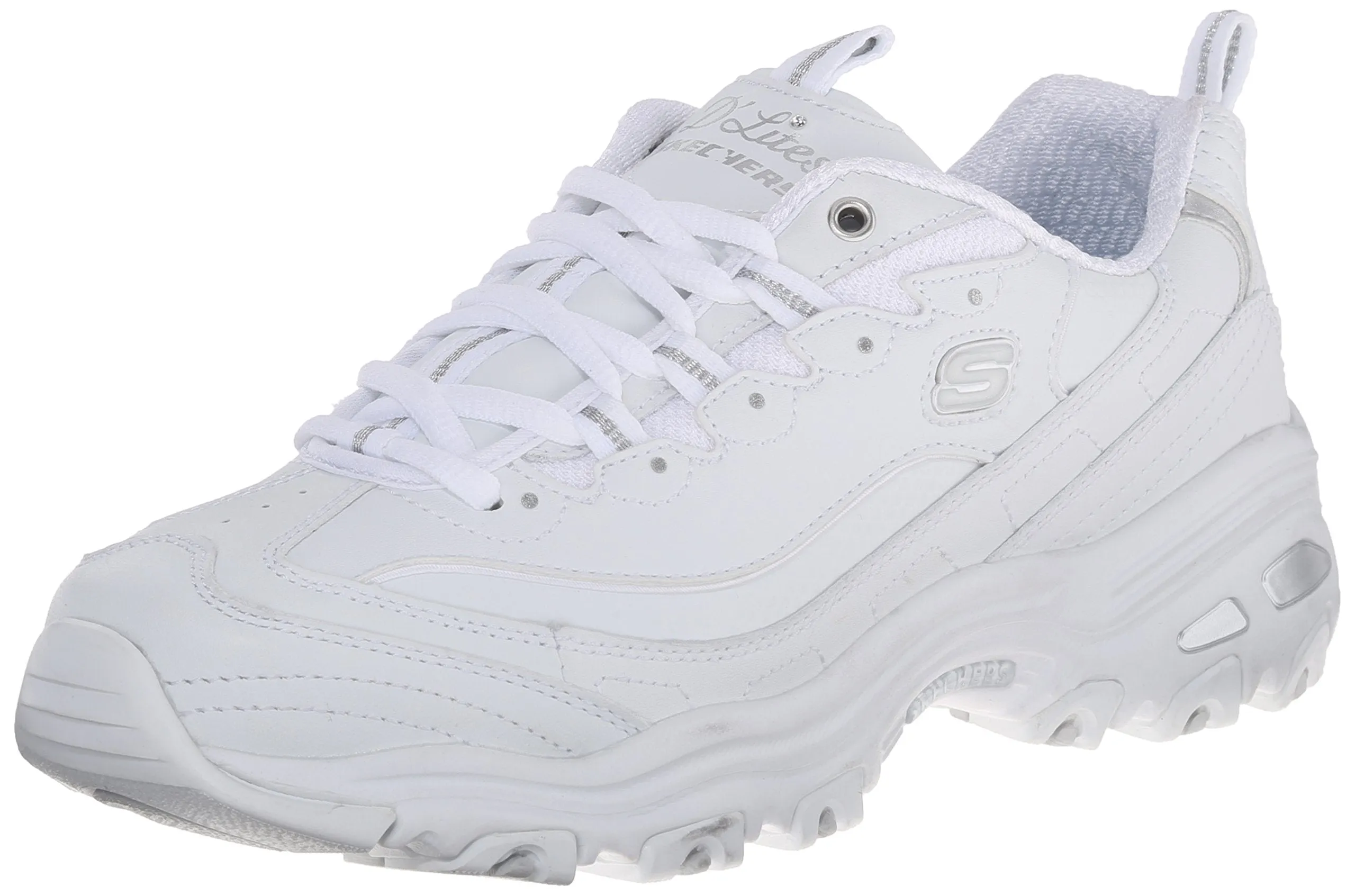 Skechers D'Lites FRES.5 START Memory Foam Lace-up Sneaker White Silver (8, White Silver)
