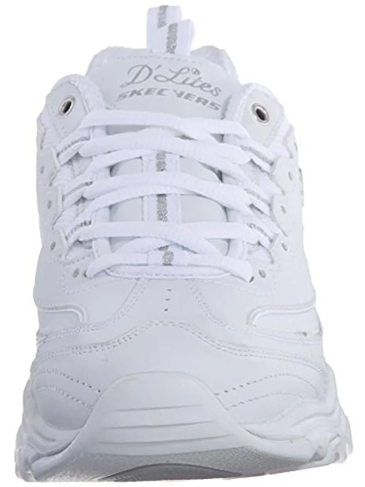 Skechers D'Lites FRES.5 START Memory Foam Lace-up Sneaker White Silver (8, White Silver)