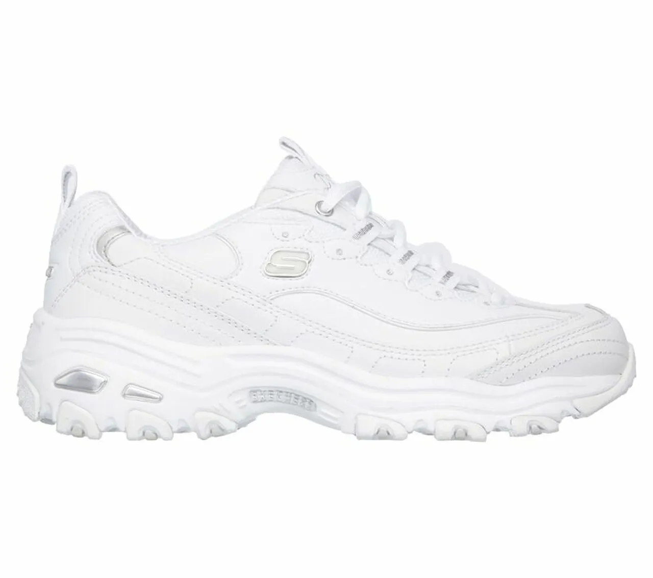 Skechers D'Lites FRES.5 START Memory Foam Lace-up Sneaker White Silver (8, White Silver)