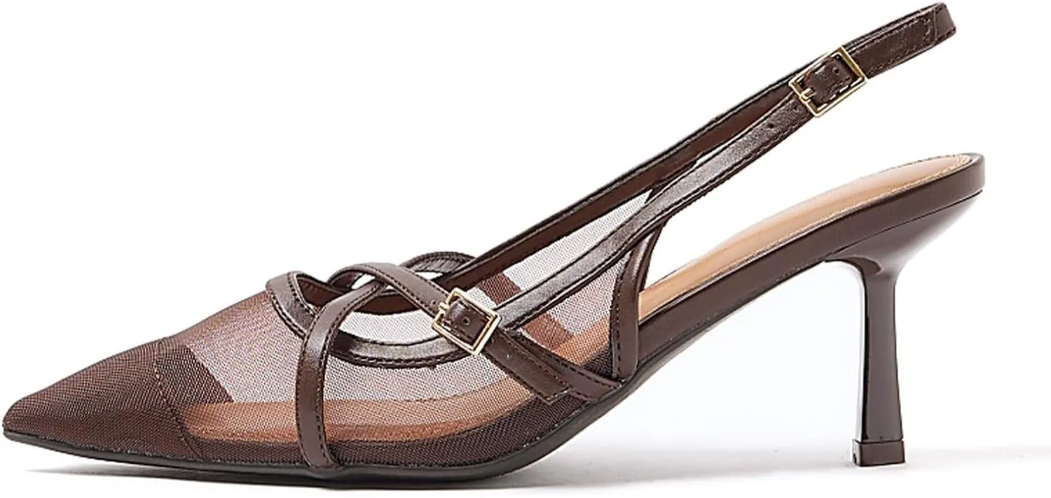 Slingback Kitten Heels for Women Pointed Toe Heels Closed Toe Low Heel Wedding Dress Pumps with Buckles Strap