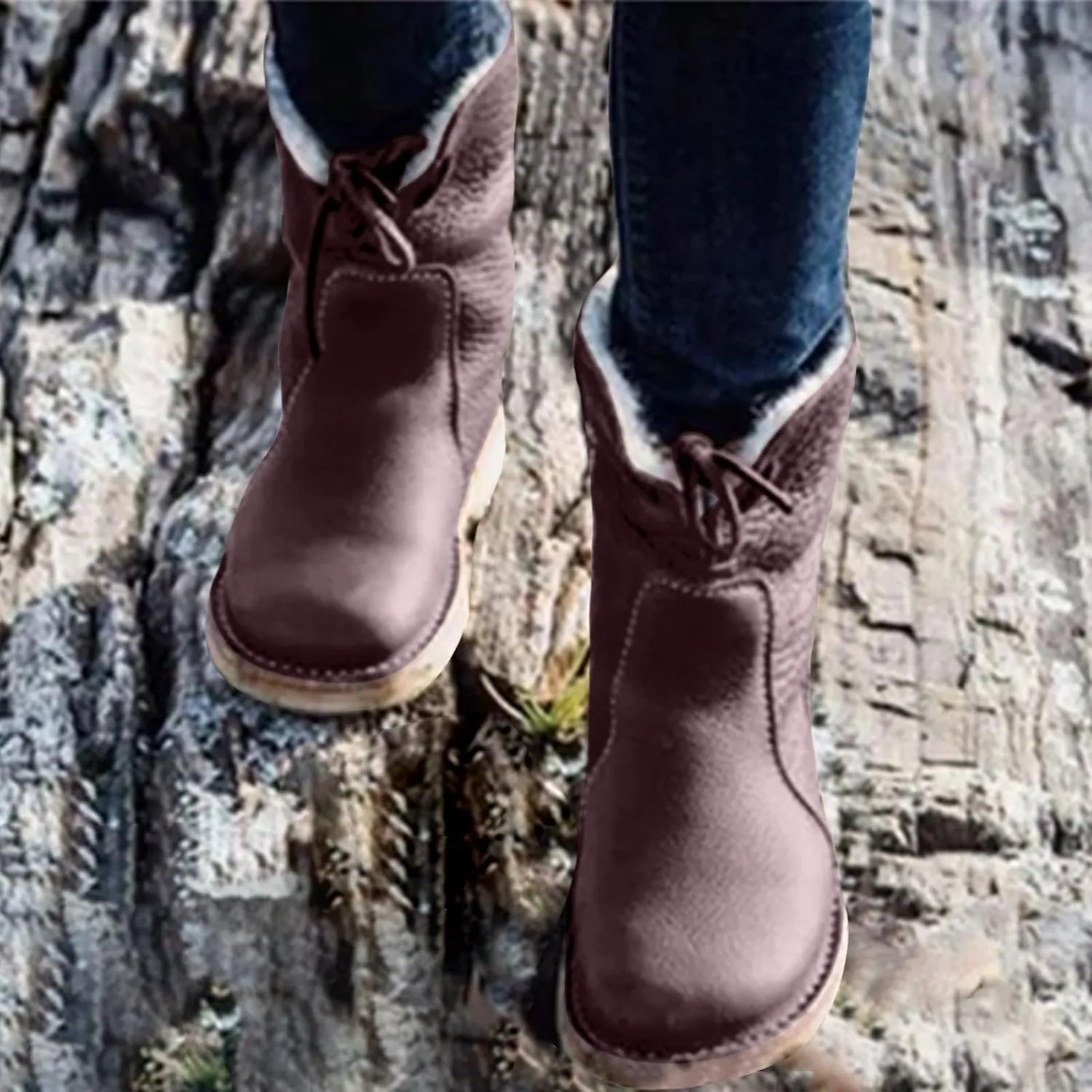 Snow Boots for Women Flat Heel Round Toe Casual Boots Front Lace Up Low Solid Color Large Size Winter Snow Boots