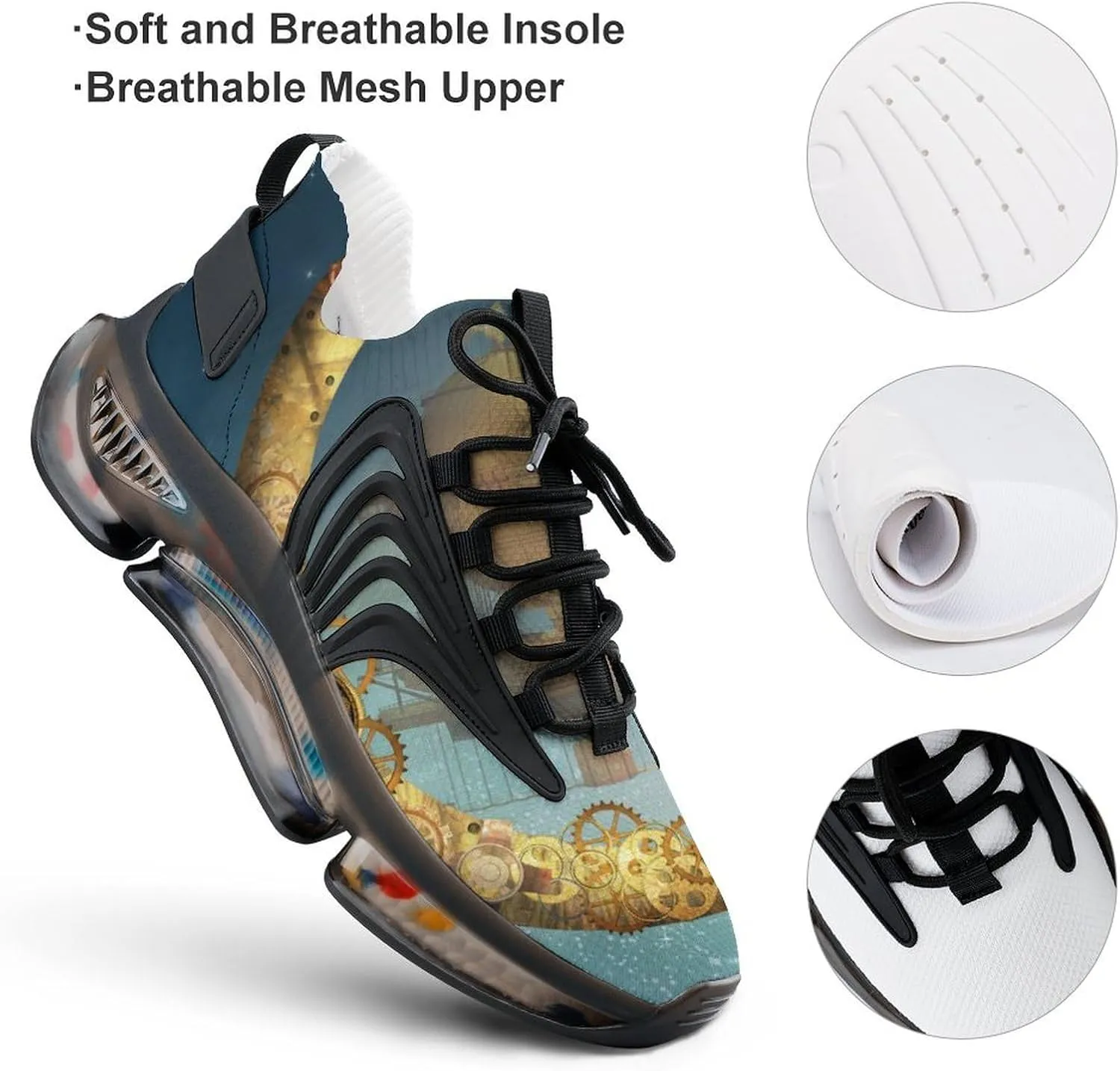 Steampunk Gold Moon and Vessel Walking Shoes for Men Lightweight Tennis Fashion Elastic Sports Shoes Cushion Basketball Shoes