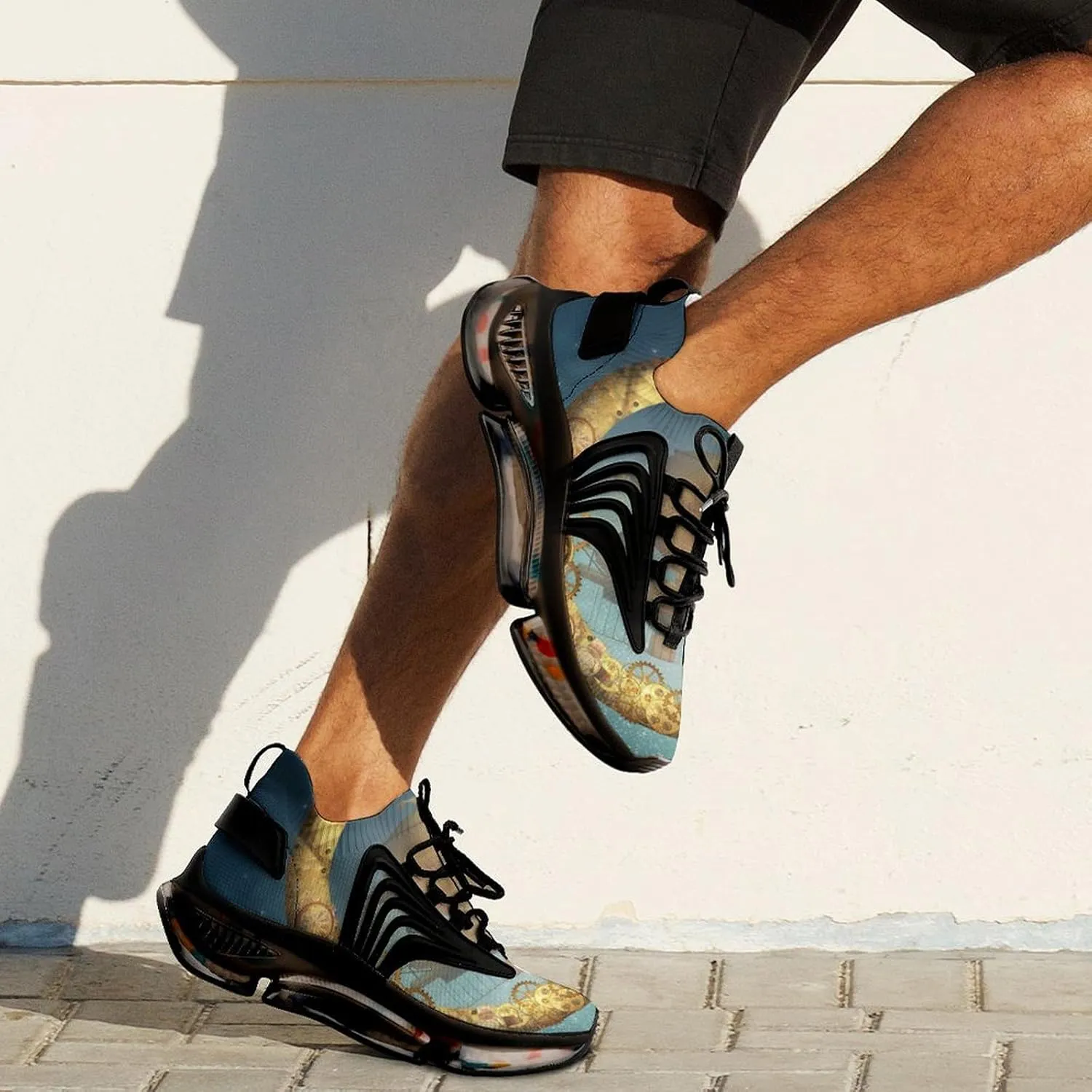 Steampunk Gold Moon and Vessel Walking Shoes for Men Lightweight Tennis Fashion Elastic Sports Shoes Cushion Basketball Shoes