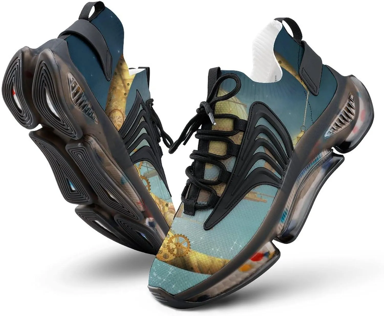 Steampunk Gold Moon and Vessel Walking Shoes for Men Lightweight Tennis Fashion Elastic Sports Shoes Cushion Basketball Shoes