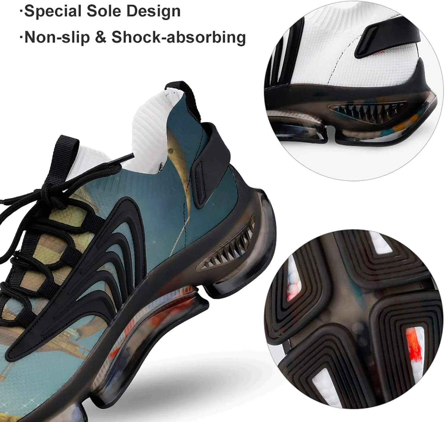 Steampunk Gold Moon and Vessel Walking Shoes for Men Lightweight Tennis Fashion Elastic Sports Shoes Cushion Basketball Shoes