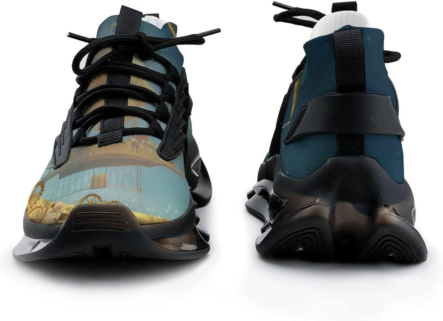 Steampunk Gold Moon and Vessel Walking Shoes for Men Lightweight Tennis Fashion Elastic Sports Shoes Cushion Basketball Shoes