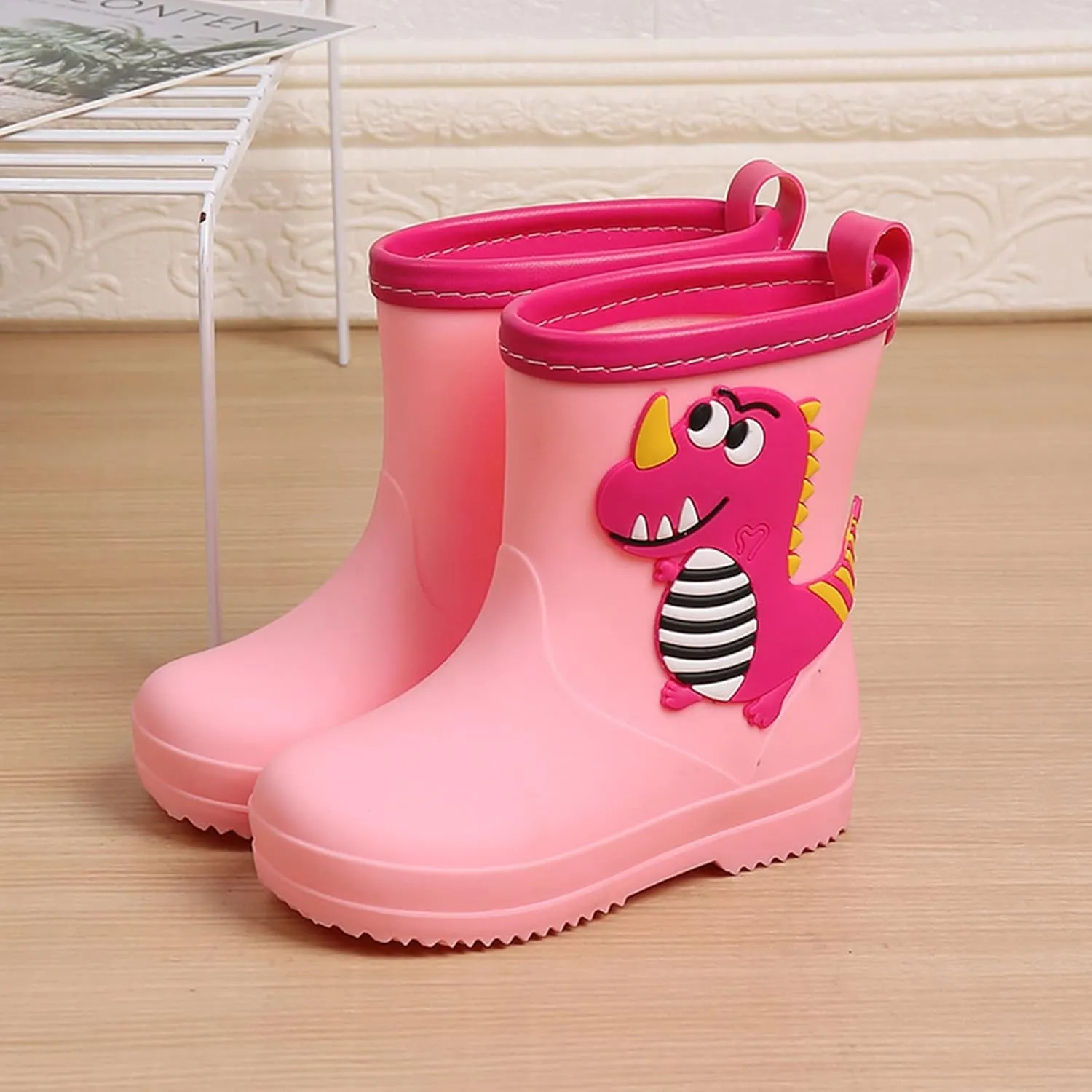 Toddler Kids Classic Rain Boots Rubber Water Shoes Cartoon Dinosaur Baby Shoes Heel Booties for Girls Boys