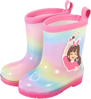 Toddler Kids Rain Boots for Girls Rainy Days Rubber Cute Girls RainbowPrinted with Easy On Boots High Heels for Kids