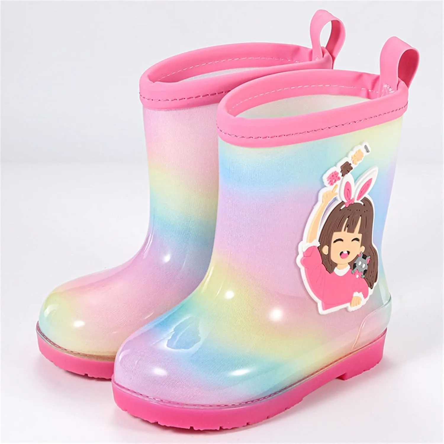 Toddler Kids Rain Boots for Girls Rainy Days Rubber Cute Girls RainbowPrinted with Easy On Boots High Heels for Kids