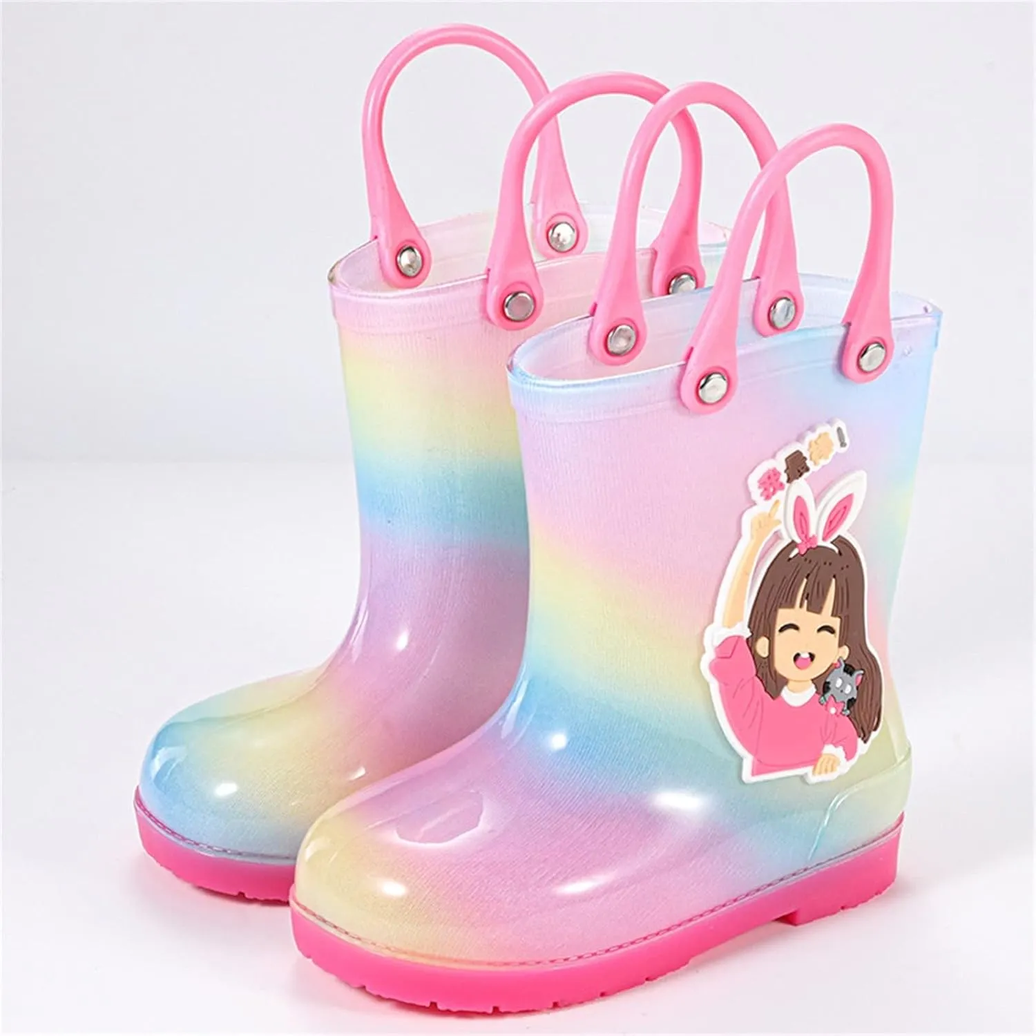 Toddler Kids Rain Boots for Girls Rainy Days Rubber Cute Girls RainbowPrinted with Easy On Handles