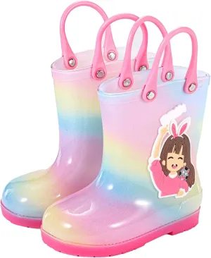 Toddler Kids Rain Boots for Girls Rainy Days Rubber Cute Girls RainbowPrinted with Easy On Handles