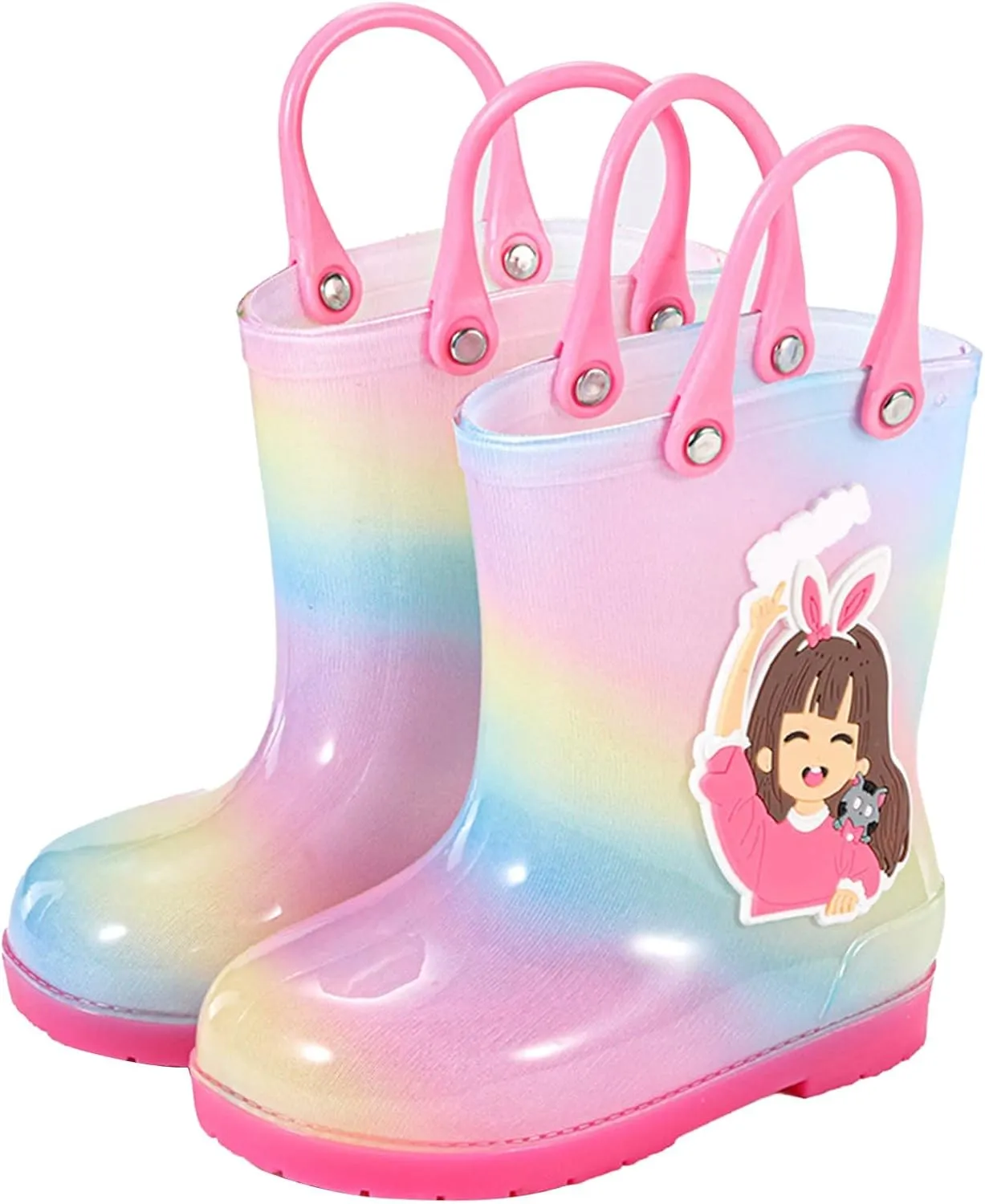 Toddler Kids Rain Boots for Girls Rainy Days Rubber Cute Girls RainbowPrinted with Easy On Handles
