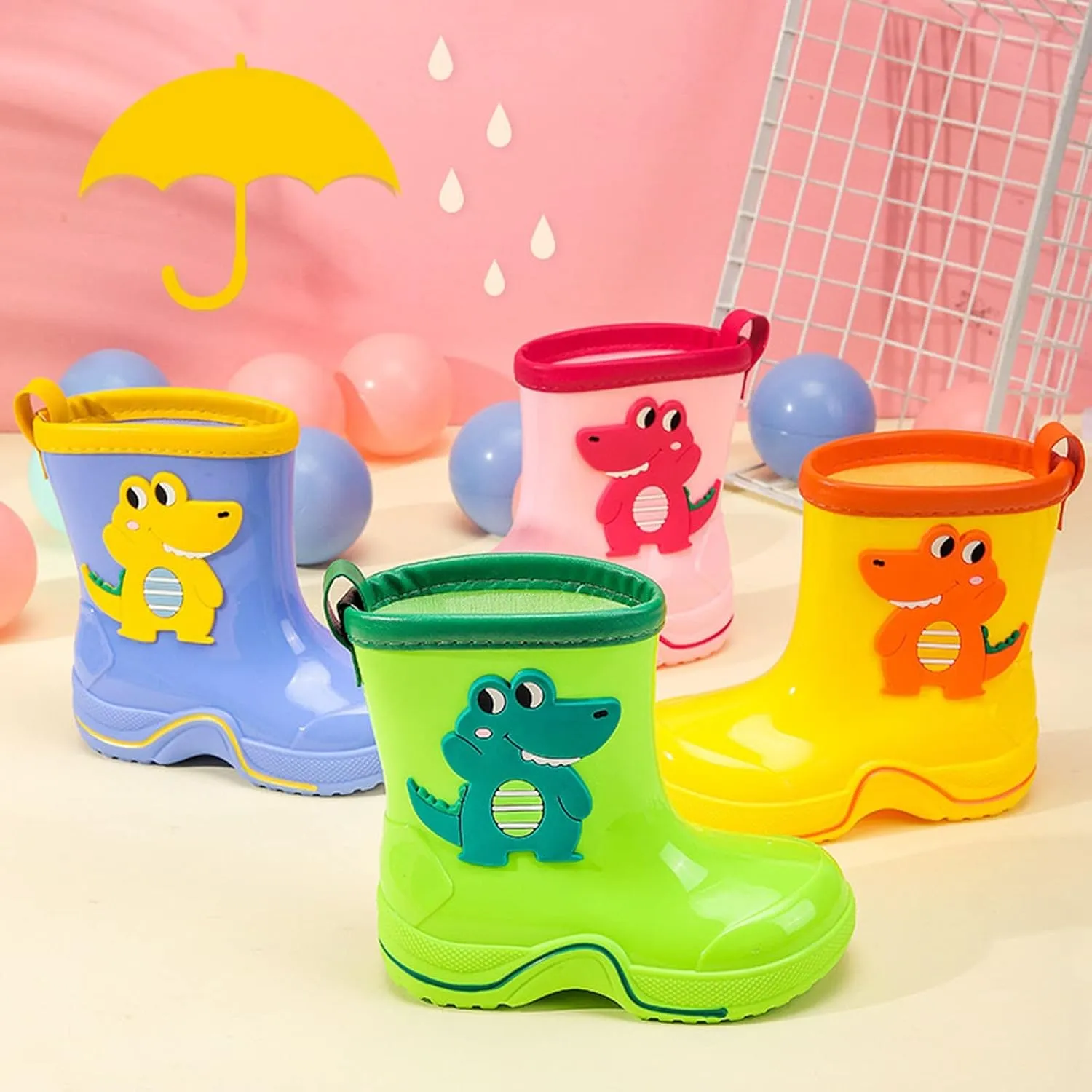 Toddler Kids Reflective Stripes Rain Boots Non Slip Waterproof Rubber Boots in 3D Patterns for Boys and Newborn Shoes