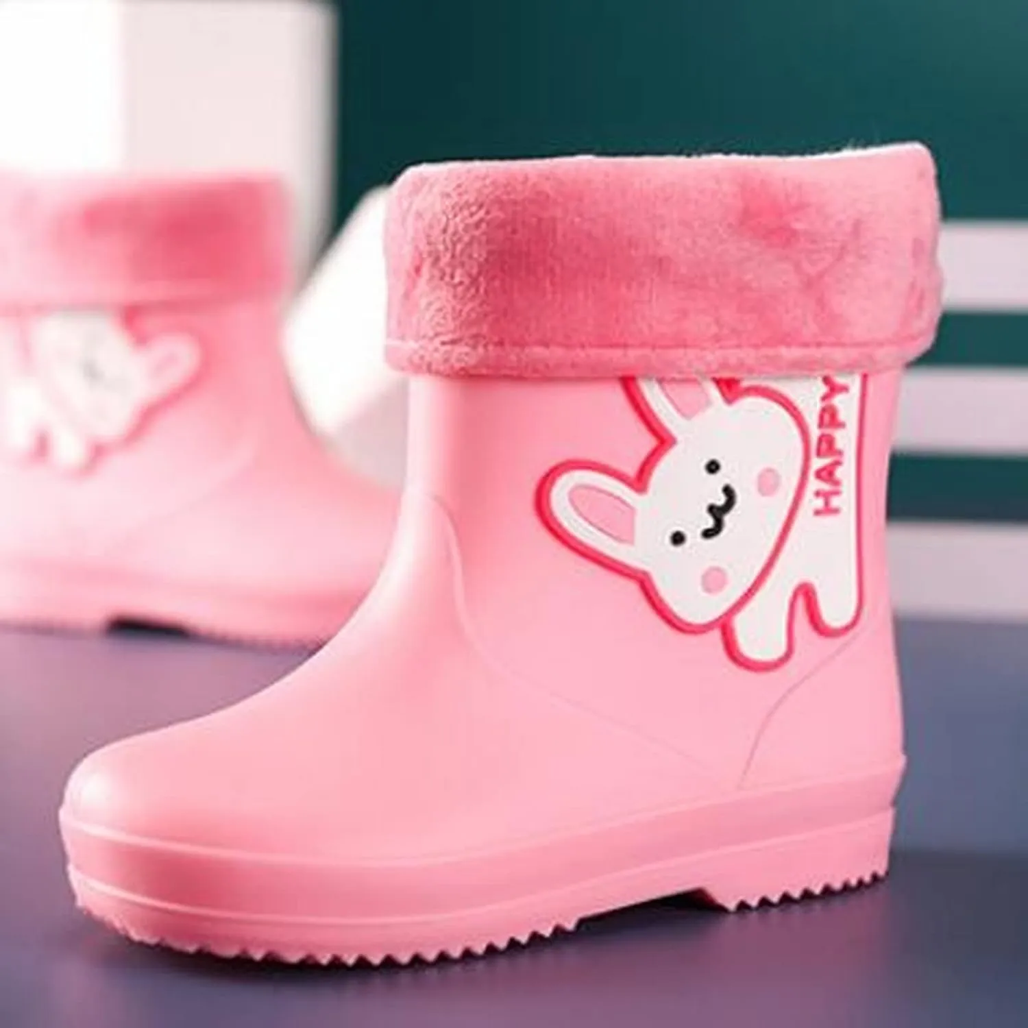 Unisex Child Walking Shoes Fleece Lined Waterproof Rain Boots Cute Cartoon Lightweight Toddler Rubber Baby Booties