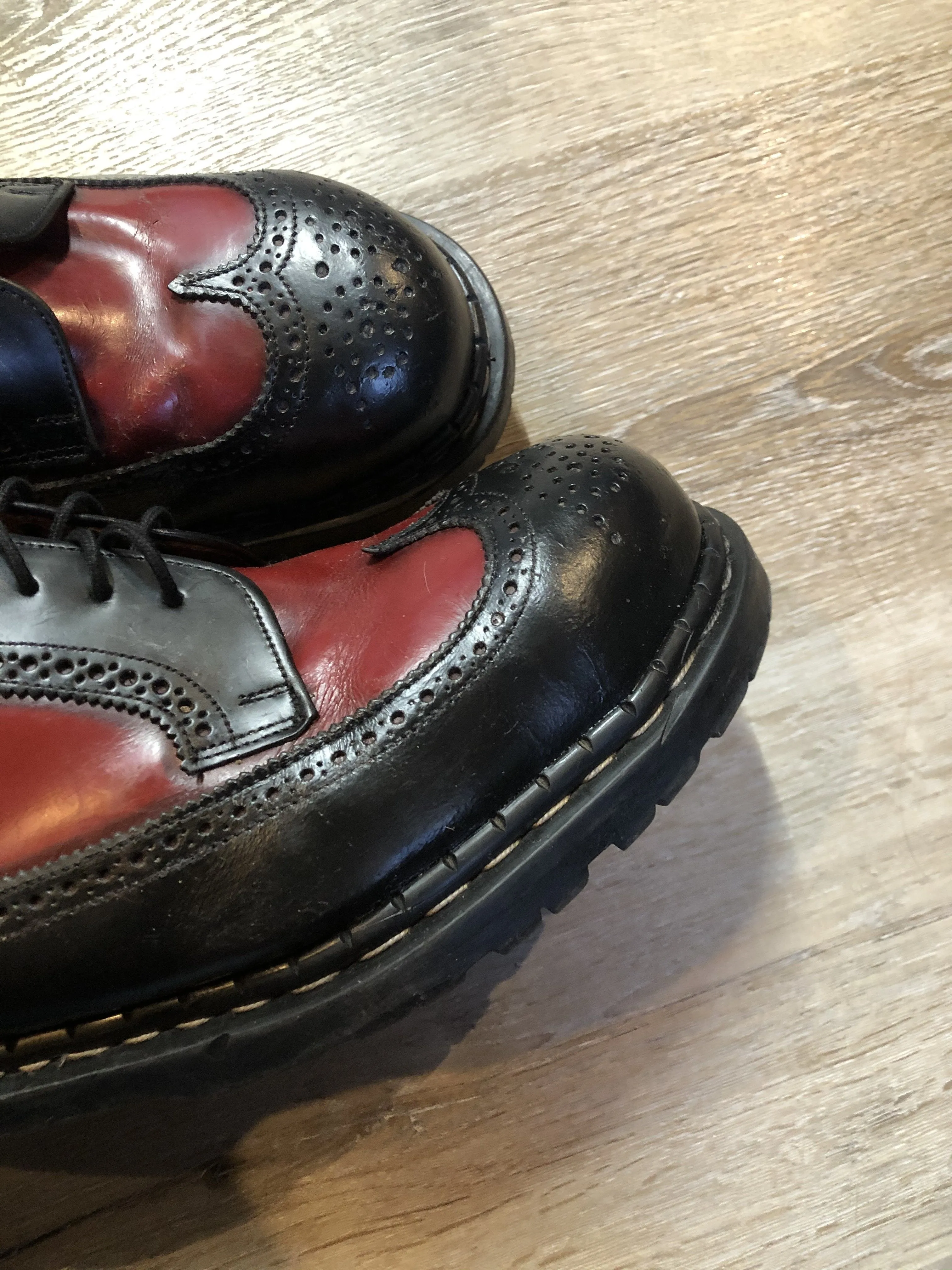 Vintage Grip Fast Black and Red Brogue Shoe with Gripfast and Steel Toe, Made in England, 11.5 US Mens/ 46 EUR SOLD