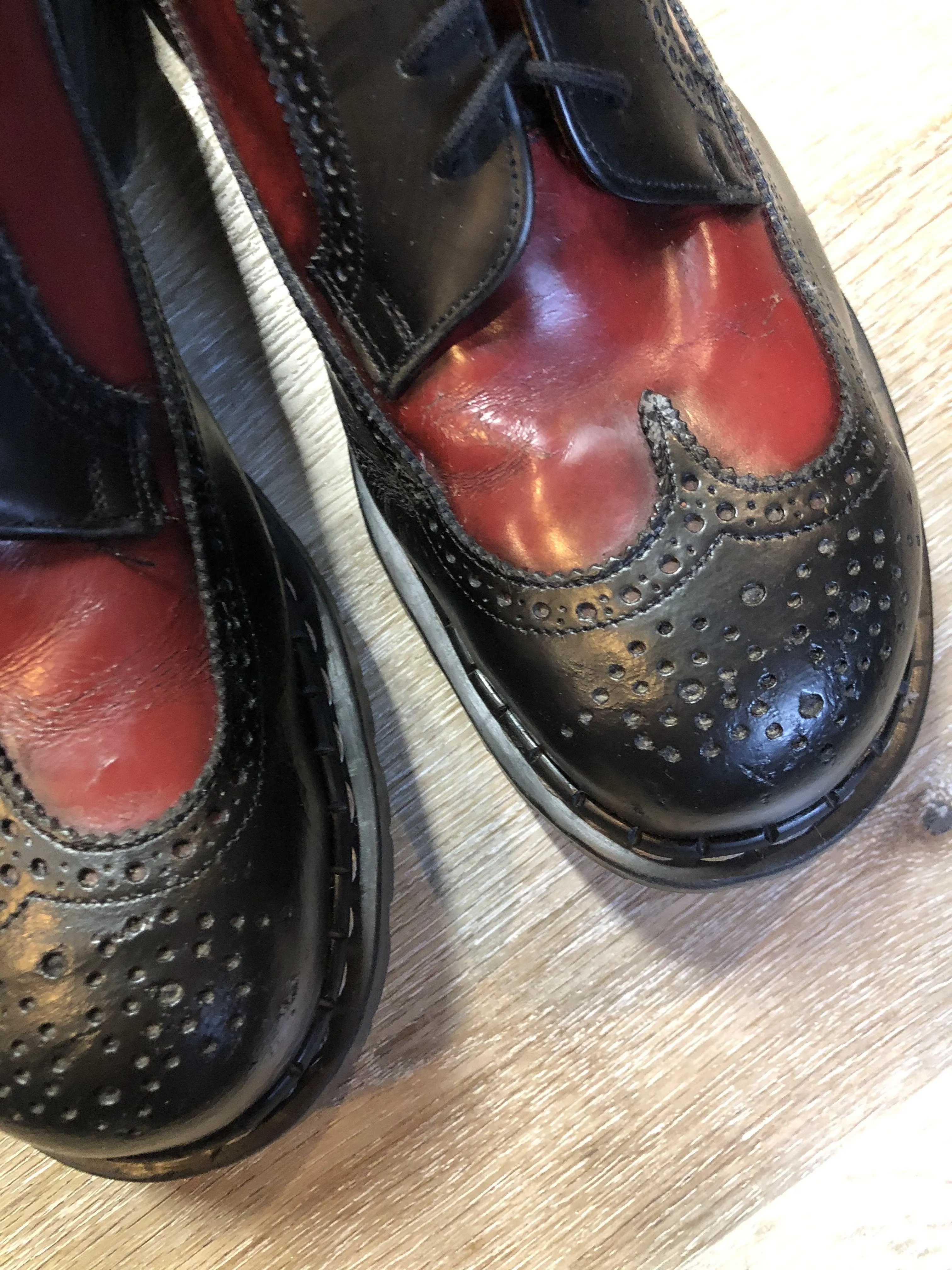 Vintage Grip Fast Black and Red Brogue Shoe with Gripfast and Steel Toe, Made in England, 11.5 US Mens/ 46 EUR SOLD