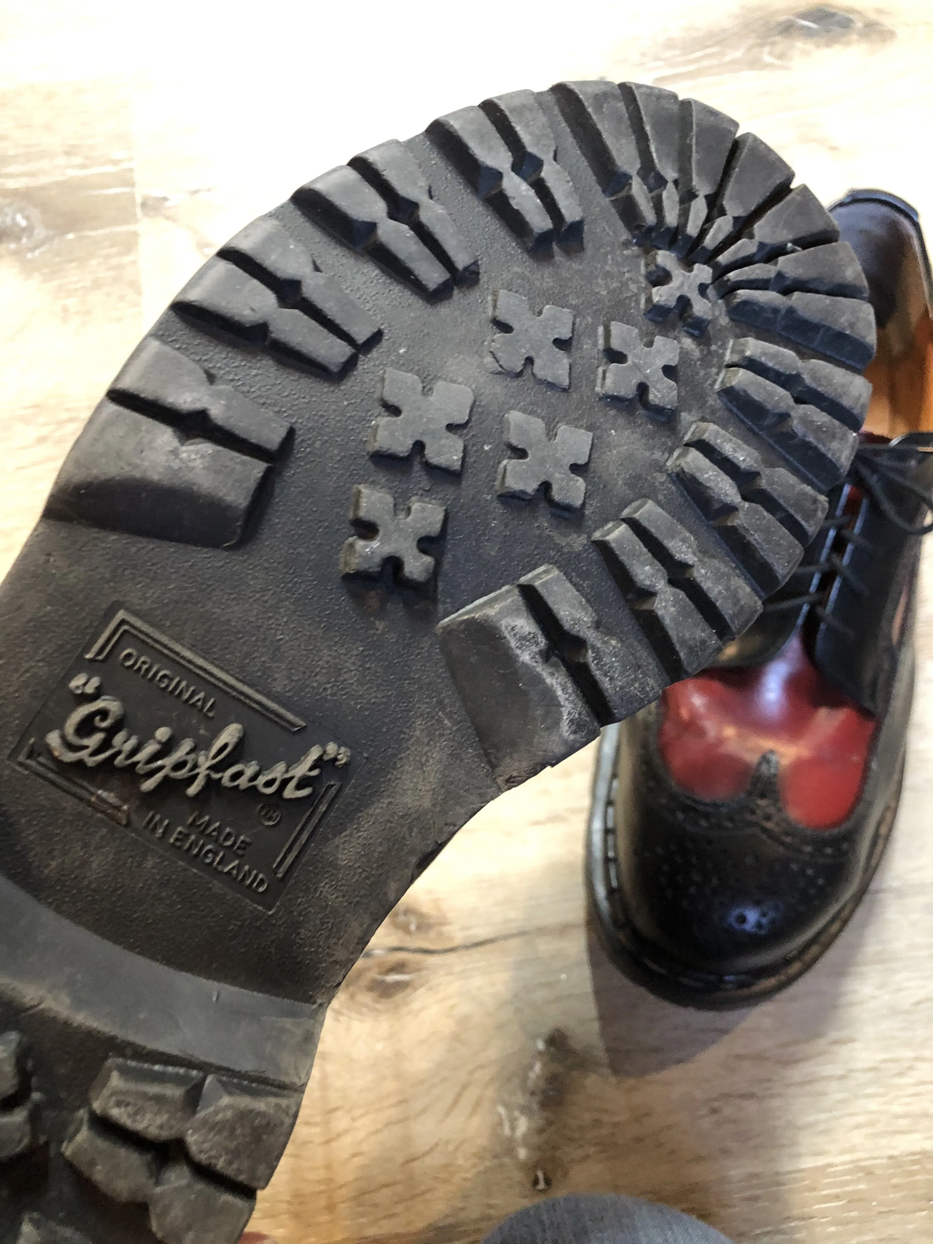 Vintage Grip Fast Black and Red Brogue Shoe with Gripfast and Steel Toe, Made in England, 11.5 US Mens/ 46 EUR SOLD