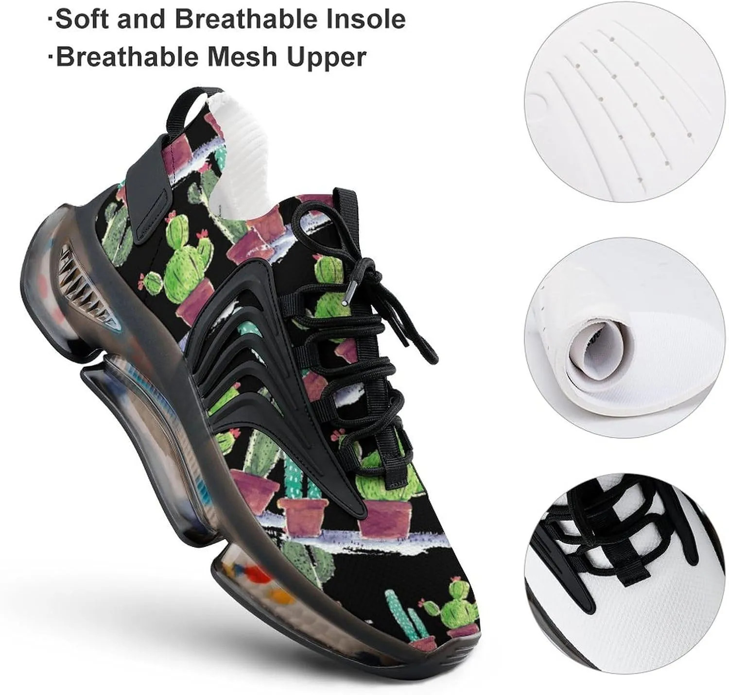 Watercolor Cactus Walking Shoes for Men Lightweight Tennis Fashion Elastic Sports Shoes Cushion Basketball Shoes