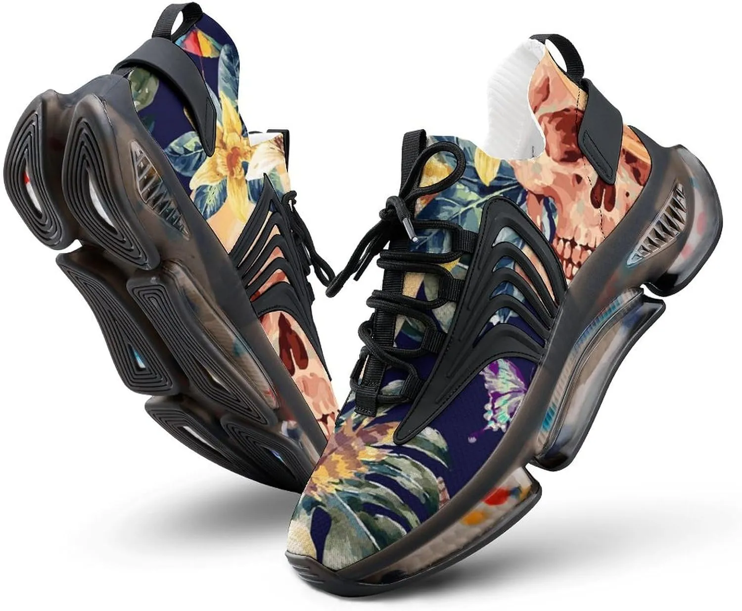 Watercolor Skull Tropical Leaves Walking Shoes for Men Lightweight Tennis Fashion Elastic Sports Shoes Cushion Basketball Shoes