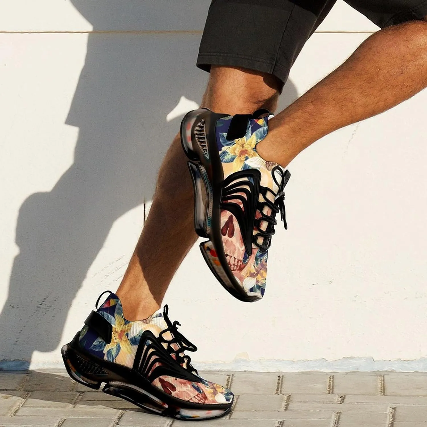 Watercolor Skull Tropical Leaves Walking Shoes for Men Lightweight Tennis Fashion Elastic Sports Shoes Cushion Basketball Shoes
