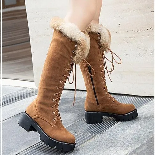 Winter warm lining fuzzy cuff front-lace chunky low heel knee high snow boots