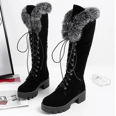 Winter warm lining fuzzy cuff front-lace chunky low heel knee high snow boots