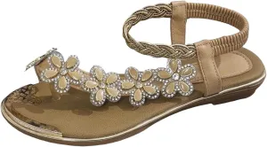 Women Flat Floral Flip Flops Boho Casual Shoes Women's Orthopaedic Sandals Elegant Cork Sandals for Women Suede (Khaki, 7)