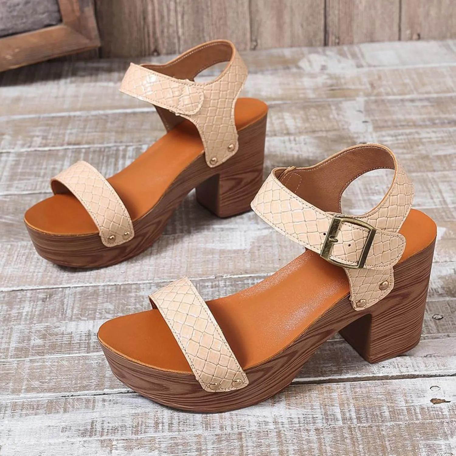 Women Summer Solid Buckle Strap Casual Open Toe Square Heels Comfortable Beach Shoes Sandals Hiking Sandal