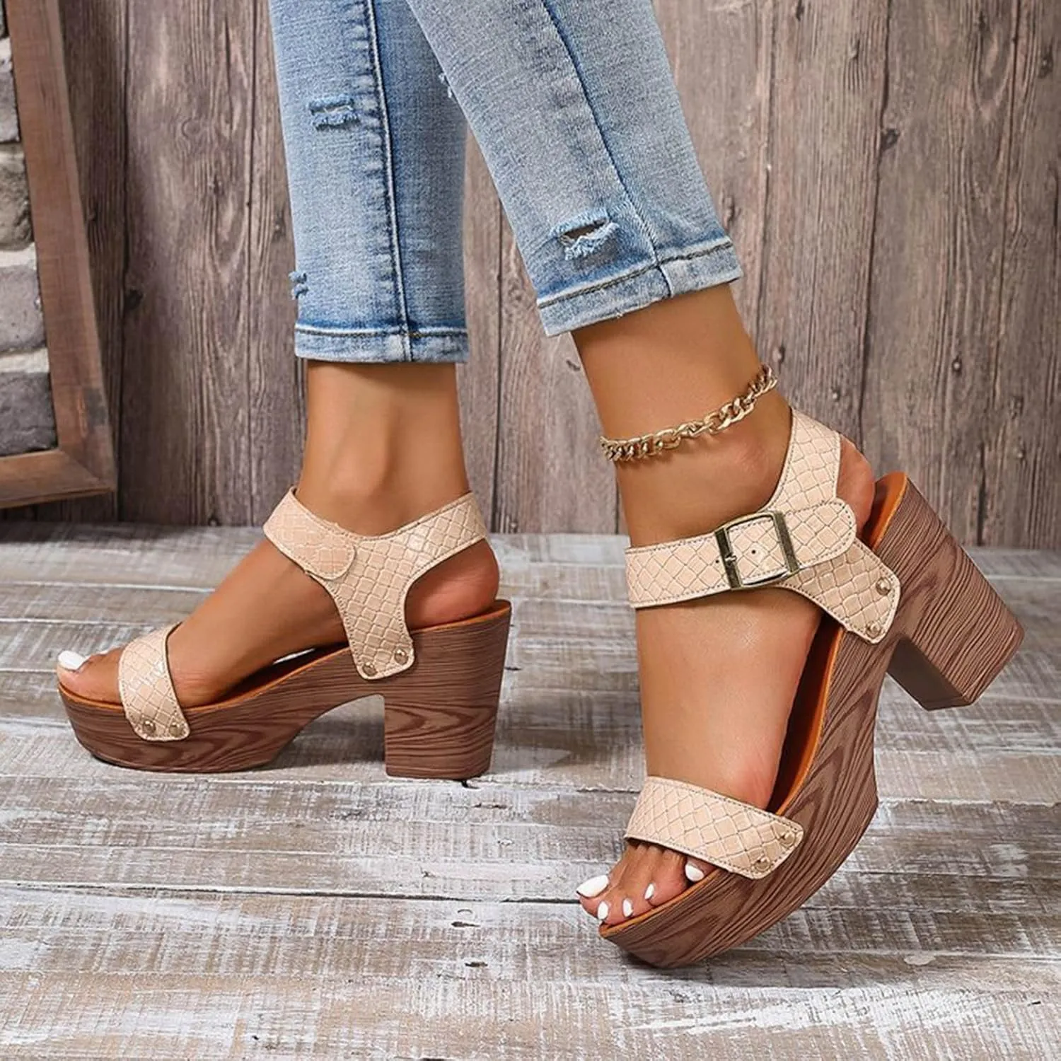 Women Summer Solid Buckle Strap Casual Open Toe Square Heels Comfortable Beach Shoes Sandals Hiking Sandal