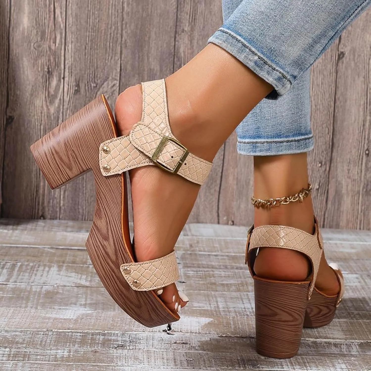 Women Summer Solid Buckle Strap Casual Open Toe Square Heels Comfortable Beach Shoes Sandals Hiking Sandal