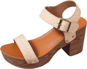 Women Summer Solid Buckle Strap Casual Open Toe Square Heels Comfortable Beach Shoes Sandals Hiking Sandal