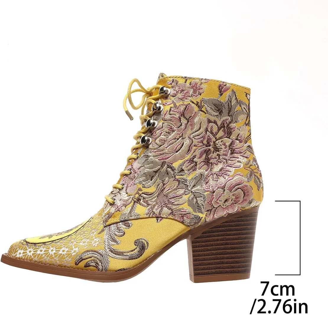 Womens Ankle Boots Pointed Toe Floral Embroidered Chunky Stacked Block Heels Cowboy Boots Lace up Short Booties