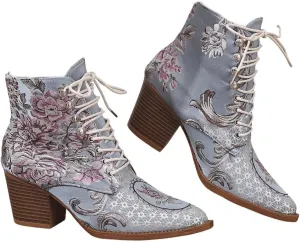 Womens Ankle Boots Pointed Toe Floral Embroidered Chunky Stacked Block Heels Cowboy Boots Lace up Short Booties