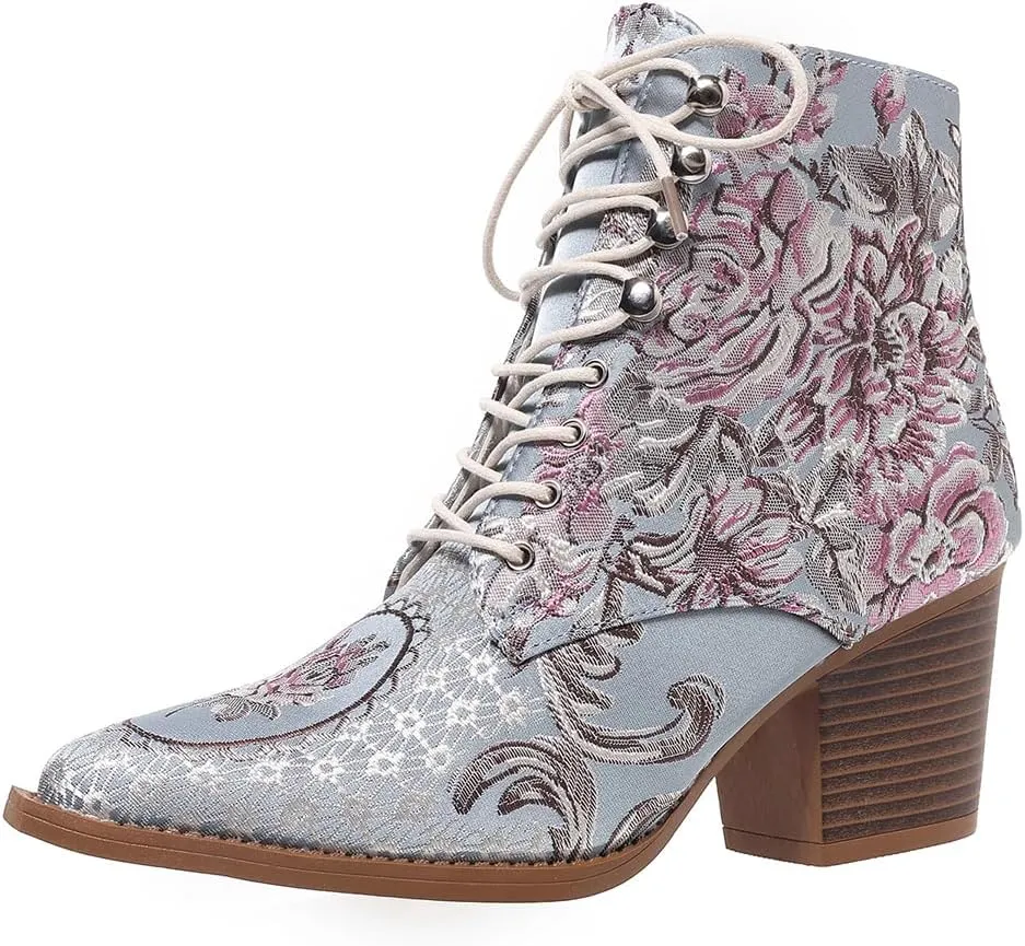Womens Ankle Boots Pointed Toe Floral Embroidered Chunky Stacked Block Heels Cowboy Boots Lace up Short Booties