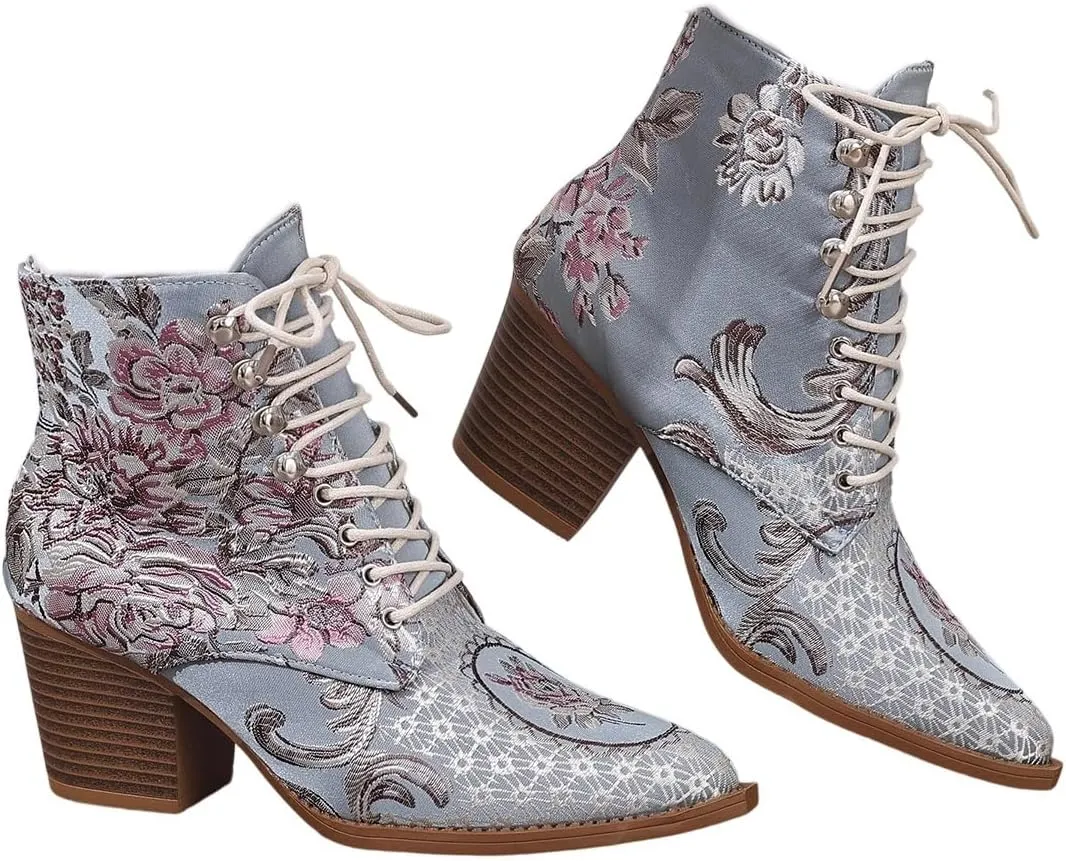 Womens Ankle Boots Pointed Toe Floral Embroidered Chunky Stacked Block Heels Cowboy Boots Lace up Short Booties