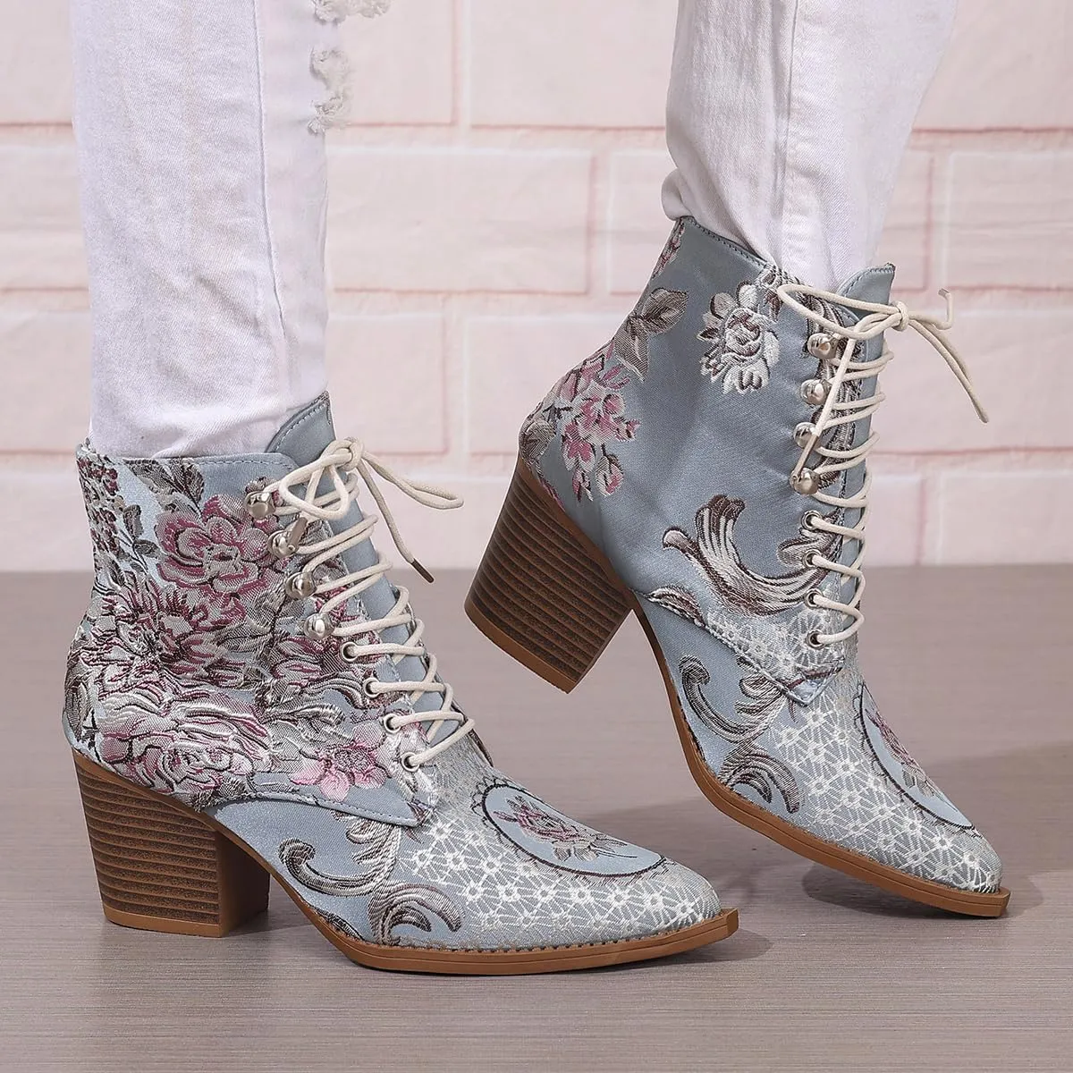 Womens Ankle Boots Pointed Toe Floral Embroidered Chunky Stacked Block Heels Cowboy Boots Lace up Short Booties
