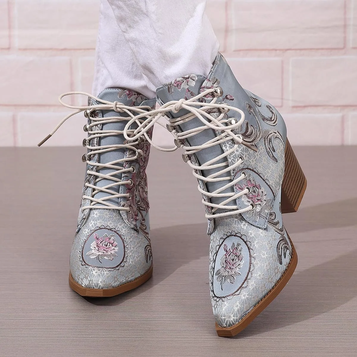 Womens Ankle Boots Pointed Toe Floral Embroidered Chunky Stacked Block Heels Cowboy Boots Lace up Short Booties