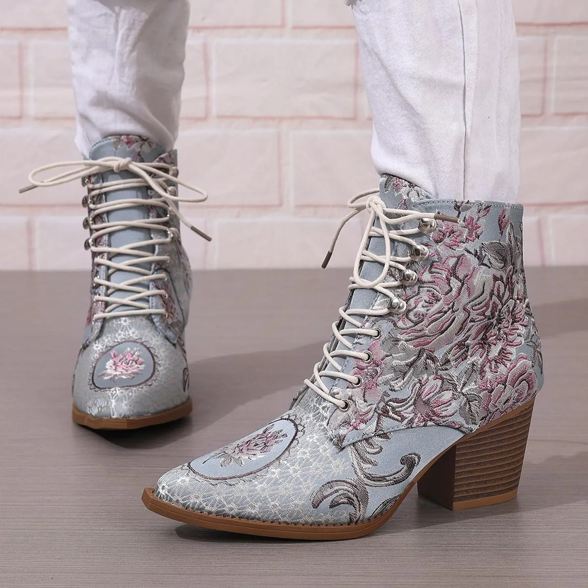 Womens Ankle Boots Pointed Toe Floral Embroidered Chunky Stacked Block Heels Cowboy Boots Lace up Short Booties