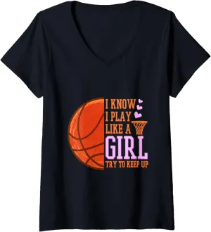 Womens Basketball Goal Girl Basketball Shoes Basketball Training V-Neck T-Shirt