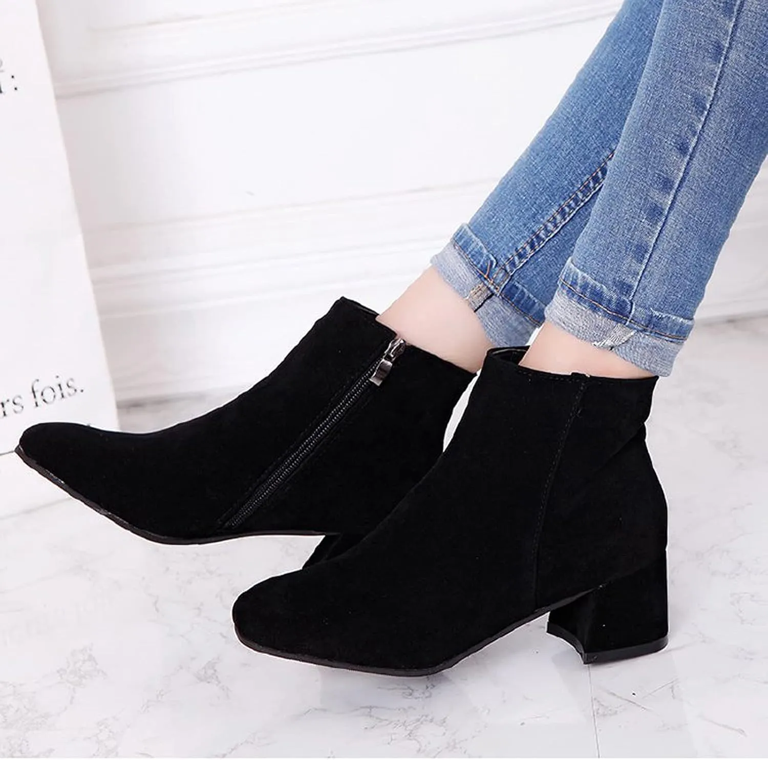 Womens Boots Fashion Flock Solid Color Square Heels Boots for Women Side Zipper Thermal Winter Ankle Boots