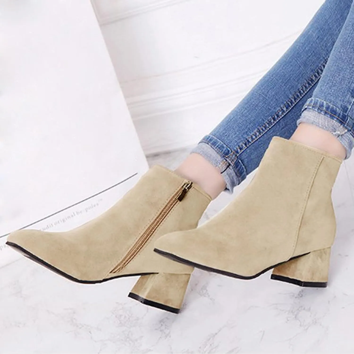 Womens Boots Fashion Flock Solid Color Square Heels Boots for Women Side Zipper Thermal Winter Ankle Boots