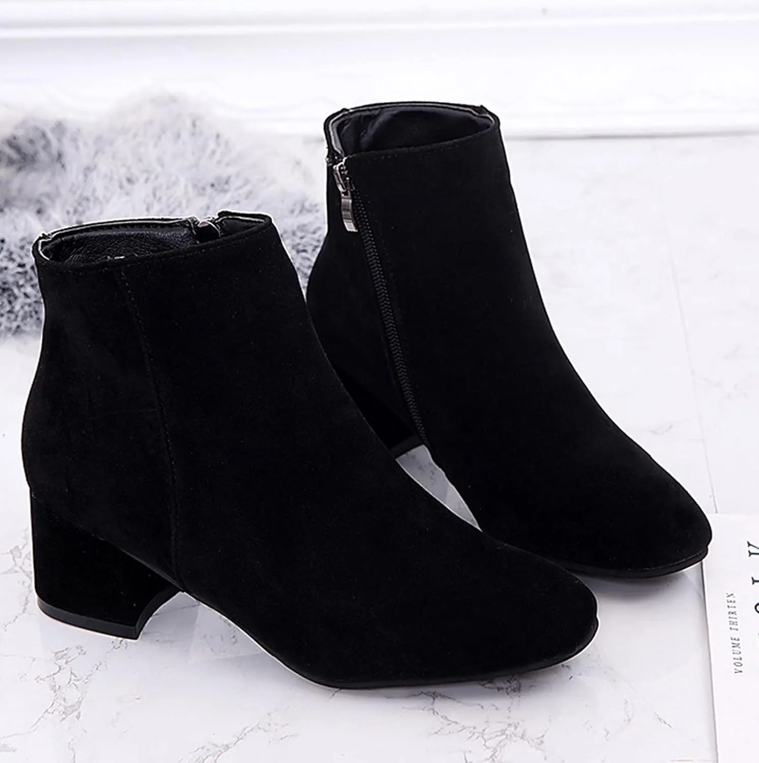 Womens Boots Fashion Flock Solid Color Square Heels Boots for Women Side Zipper Thermal Winter Ankle Boots