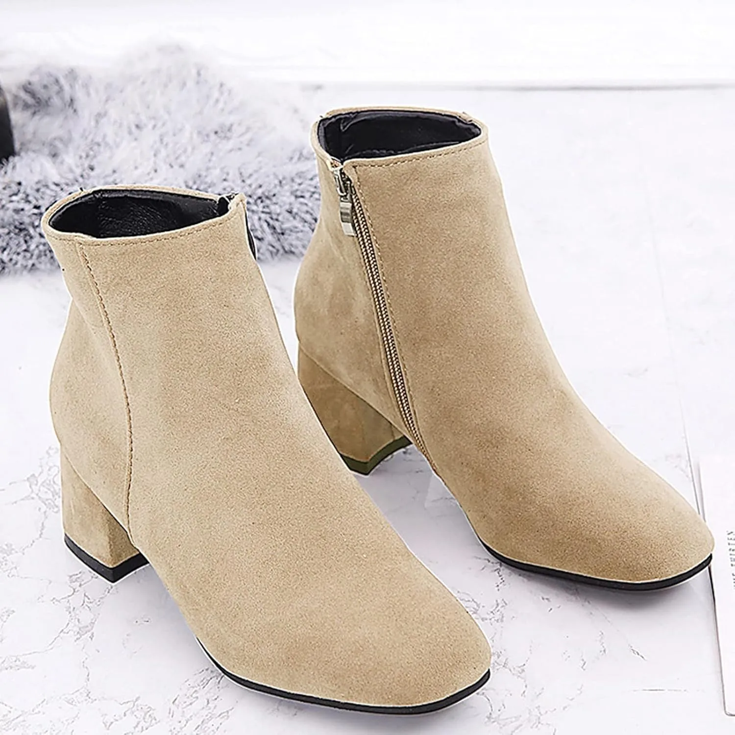Womens Boots Fashion Flock Solid Color Square Heels Boots for Women Side Zipper Thermal Winter Ankle Boots