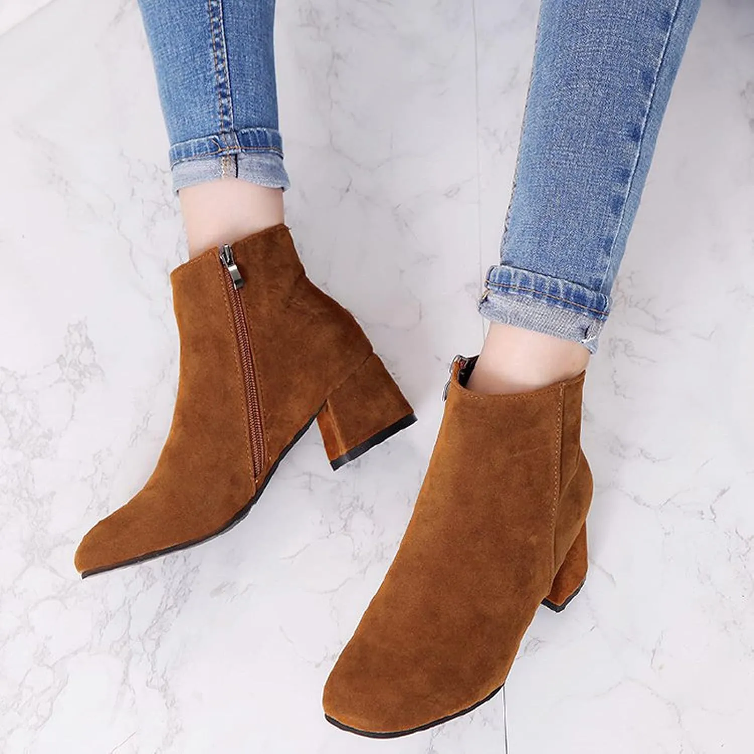 Womens Boots Fashion Flock Solid Color Square Heels Boots for Women Side Zipper Thermal Winter Ankle Boots