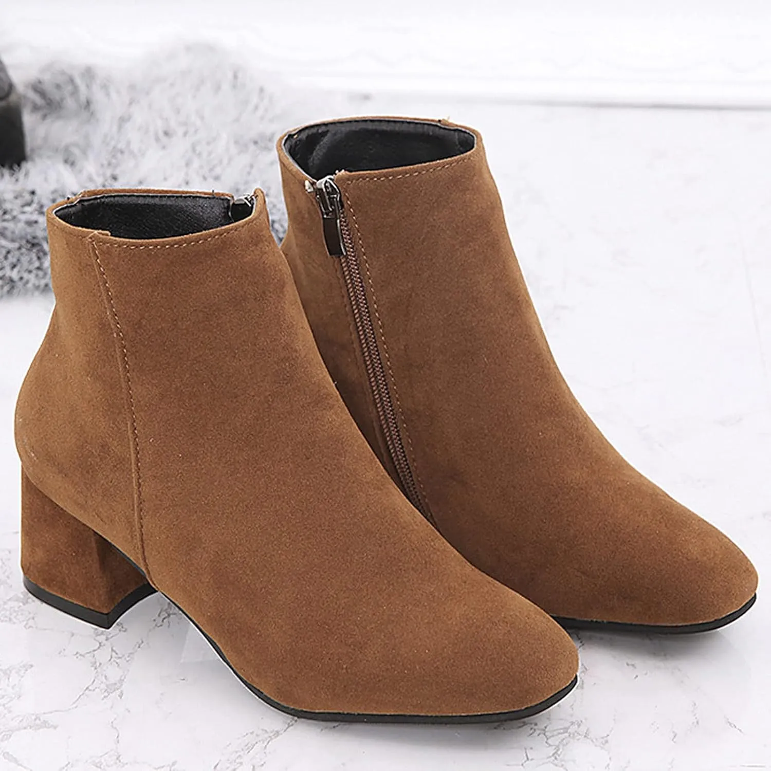 Womens Boots Fashion Flock Solid Color Square Heels Boots for Women Side Zipper Thermal Winter Ankle Boots