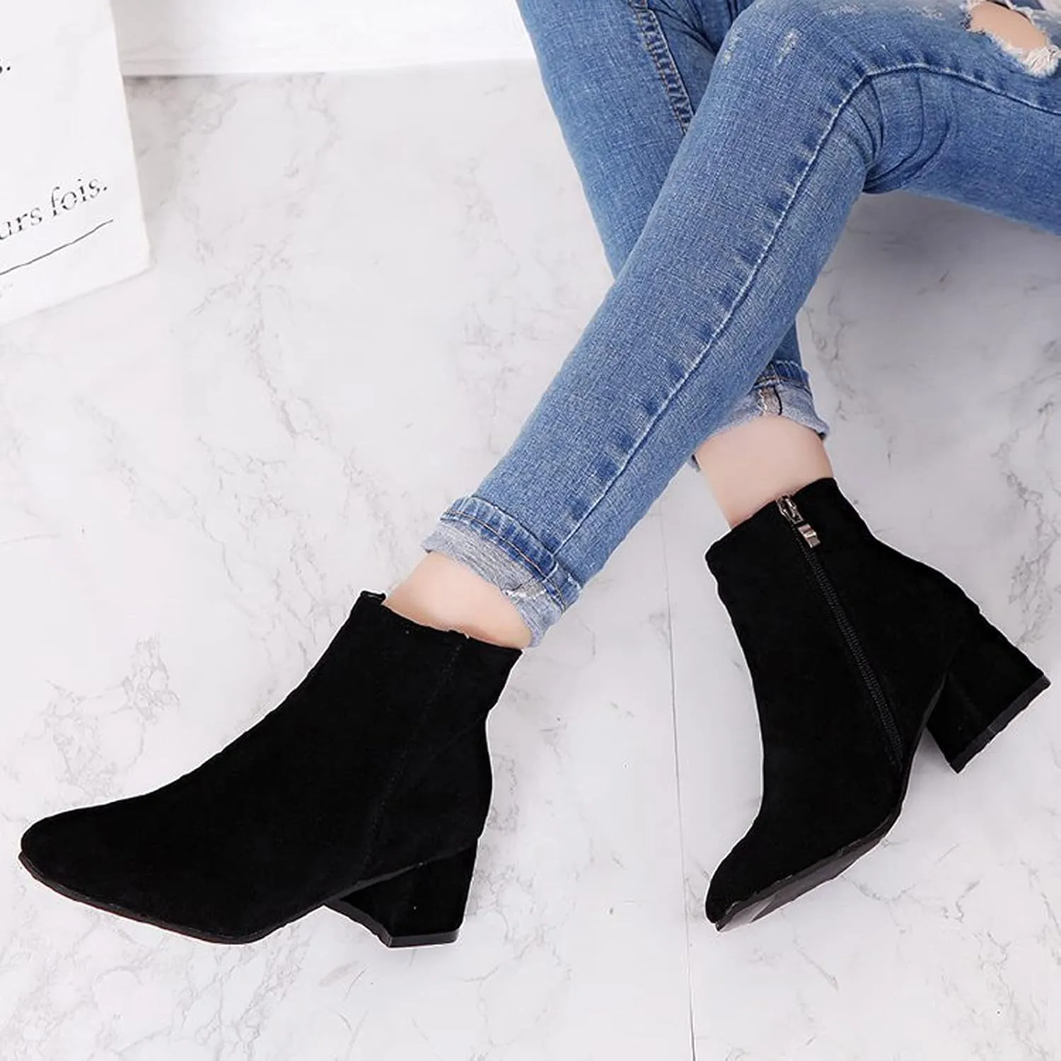 Womens Boots Fashion Flock Solid Color Square Heels Boots for Women Side Zipper Thermal Winter Ankle Boots