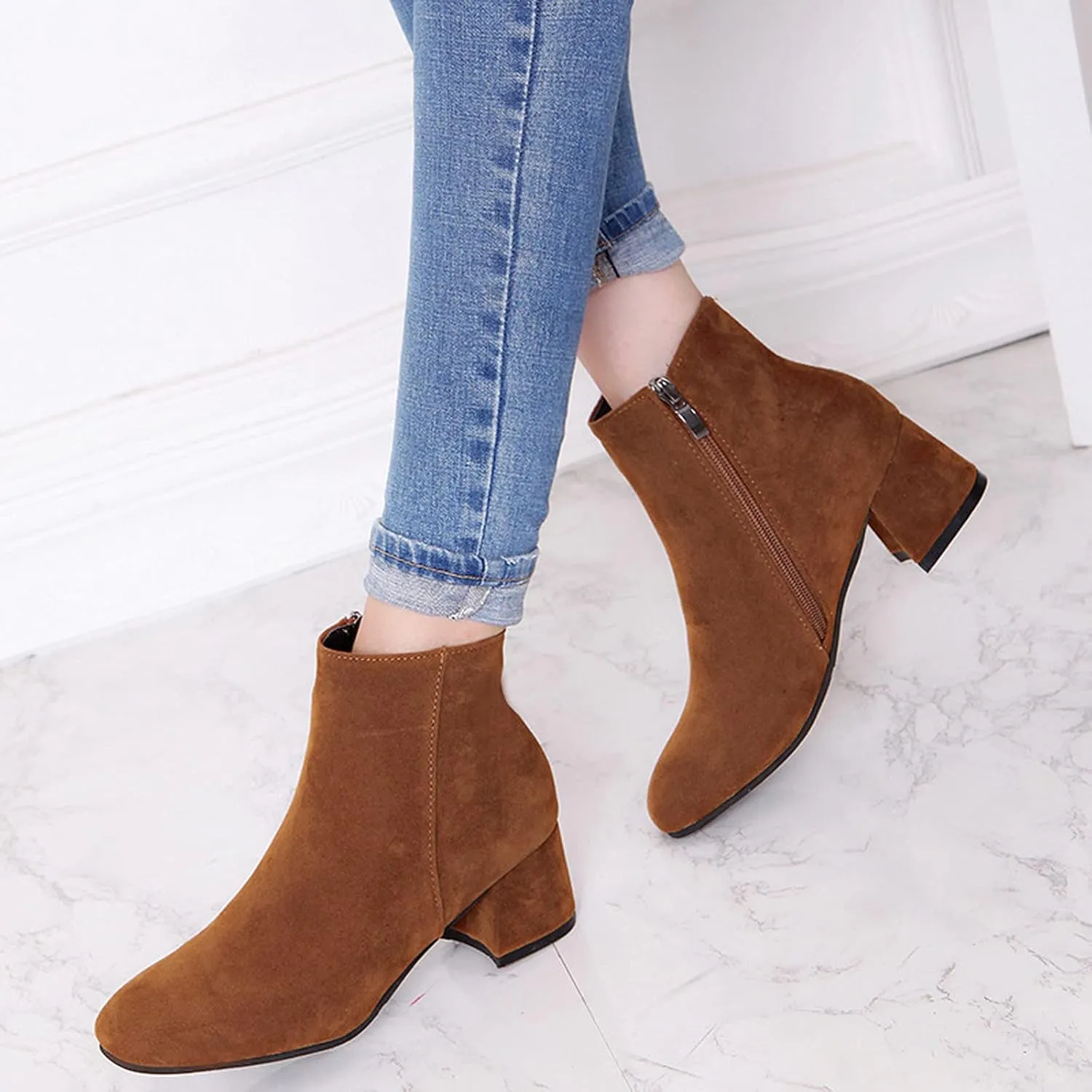 Womens Boots Fashion Flock Solid Color Square Heels Boots for Women Side Zipper Thermal Winter Ankle Boots
