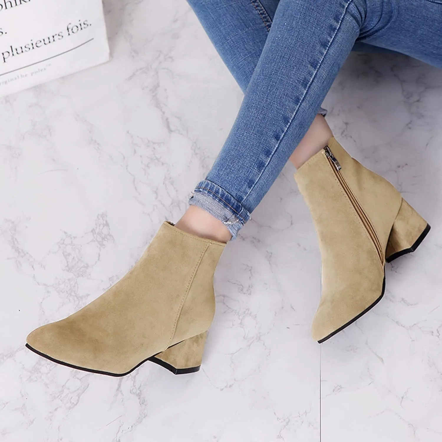 Womens Boots Fashion Flock Solid Color Square Heels Boots for Women Side Zipper Thermal Winter Ankle Boots