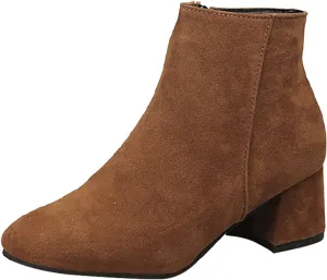 Womens Boots Fashion Flock Solid Color Square Heels Boots for Women Side Zipper Thermal Winter Ankle Boots